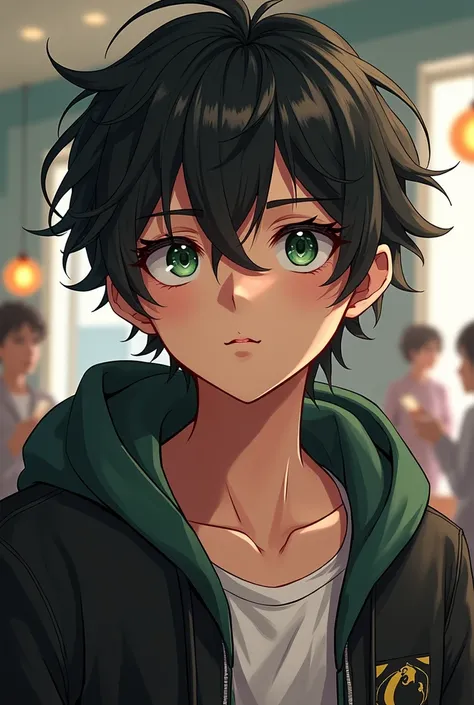 (teenager man) (  short and medium messy hair )( dark green eye color with a twinkle in the eyes)(Place: school salon  )