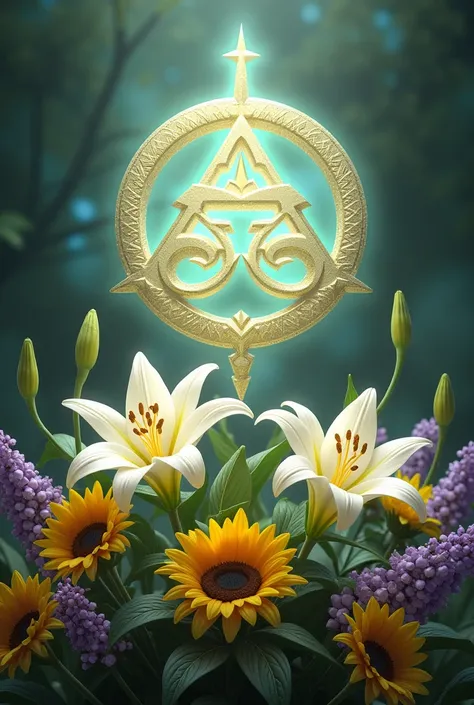 Din symbol from Legend of Zelda Ocarina of Time with Casa Blanca lilies, sunflowers, and lilac flowers arranged beneath symbol.