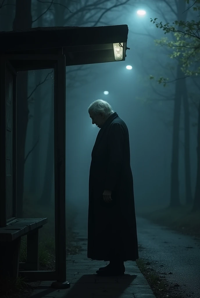 "An old woman, about 80 years old, stands silently at an abandoned bus stop deep in the dark forest. Her hunched figure blends into the shadows, as her black clothing is barely visible in the pitch darkness of the night. The faint light from a flickering s...