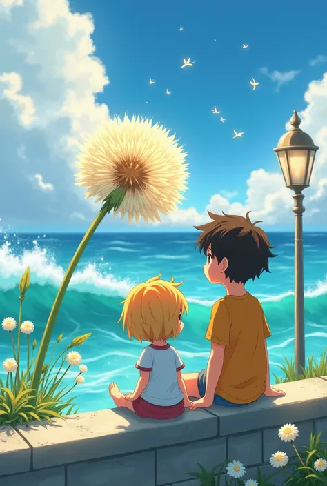 a realistic picture, a cute girl with blond hair and a cute boy with mixed hair are sitting on a ledge by the sea, and the waves are hitting and splashing high. A large blooming dandelion. There is a lamp in the background. White flowers grow along the led...