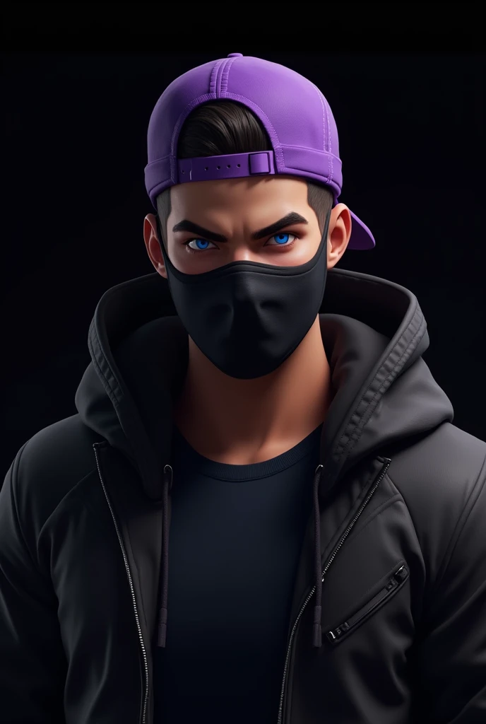  male character from Free Fire , With purple cap for the back  , blue eyes, black mask, black t-shirt,  wearing a jacket  ,  black background body ends in setura 