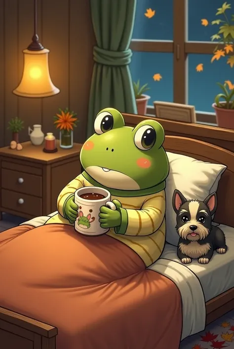  Create me a picture of a slightly human frog, His name is Toffy and in a cute , fluffy pajamas sitting comfortably in bed and drinking cocoa from a mug with a picture of a frog.  In the background you should see that it is night and autumn .  He should si...