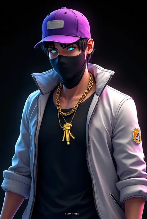  male character from Free Fire , With purple cap for the back, blue eyes, black mask, black t-shirt, with a gold necklace , white coat,  black background, The body ends in the setura 