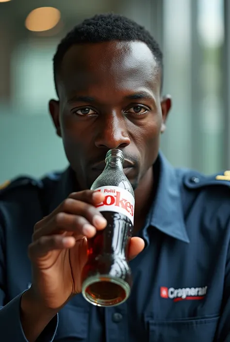 A picture of the guard Mbulhi drinking Coke
