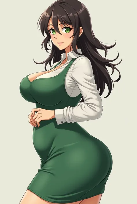 Gender swap art,mature woman,green eyes,hourglass figure,large breasts,wide hips,big ass,green dress,white long sleeve blouse,fair skin,naofumi iwatani 