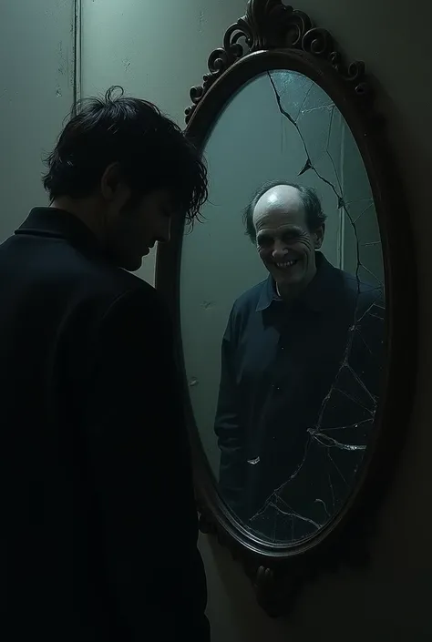 Man in the shadows looks at himself in a broken mirror ,  his reflection you can only see a macabre smile