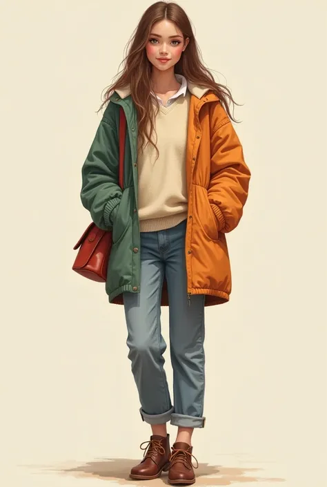 CREATE A DRAWING OF A FULL BODY GIRL WHO IS DRESSED IN A POLO SWEATER AND COLORING JACKET