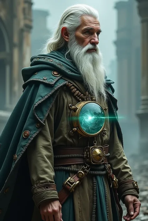 Male half elven wizard with mid length white hair and white beard, wearing tattered and torn robes, can use time magic, has a steampunk style device attached to his chest that glows