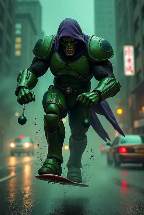 Green goblin with a green armour like in the spider man movie which have purple hood, flying board with small green metalic ball bombs in both hands, at night on a bridge, low traffic, bkack and green neon lights at the background, more realistic. With a v...