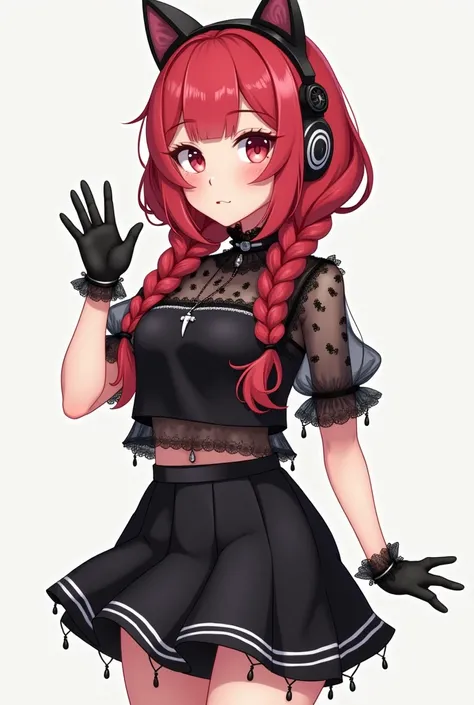 create a 2D image of a girl,   anime, human,  with hair consisting of two huge braids behind ,  red hair color with medium low saturation , Classic fringe, white pele,  two strands on top of the hair , Light red eyes, small bust, very light freckles under ...