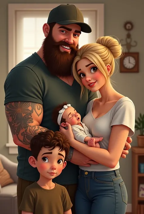 A dad with a brown beard ,  tattooed , tough ,  qui porte une casquette,  A slightly fat but elegant blonde mom with hair pulled up in a fluffy bun, yeux bruns, un petit bébé denviron 2 mois dans les bras et un garçon brun denviron 7 ans.