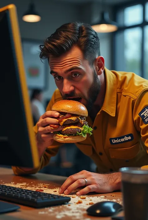 Realistic image, a man opening his mouth to eat a greasy hamburger, wearing a work uniform that says Unicaribe, while using his computer.
