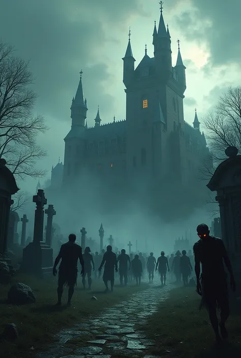 From a distance you can see the castle and next to the castle there is a cemetery from which zombies come out 