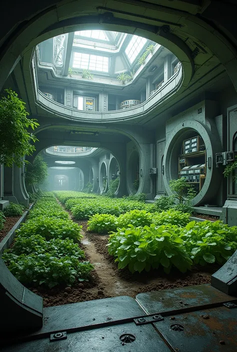 Apocalypse bunker deep underground with vegetables garden inside, futuristic bunker with life goods