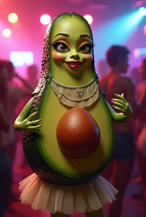 A Potaxie  (avocado) with eyes,  nails and lips with model makeup, with bib and mini skirt ,  dancing in a nightclub 