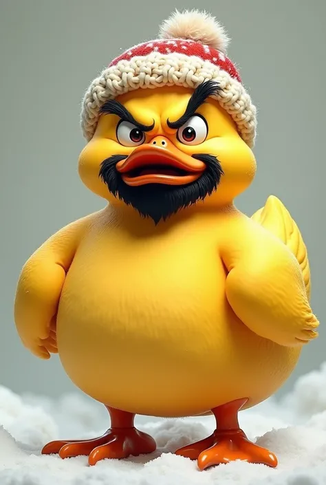  Very angry yellow duck with a frown, wearing a winter hat ,  with black goatee and with huge genitals 