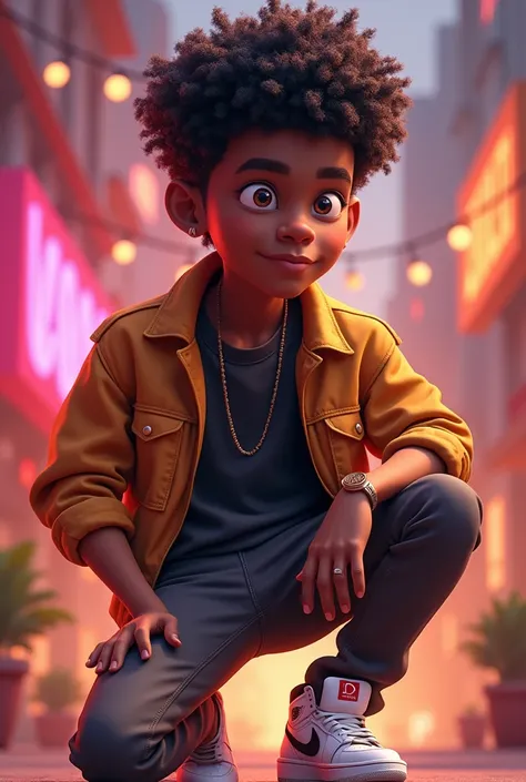  create an animated image of me ,  as an interesting and striking creator of YouTube content. I am a man, negro. curly hair, With you Jordan ,  classic pants 