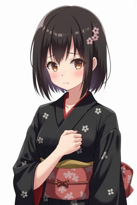 Anime girl with black yukata and with flowers worried and with a white background and full body with her fist on her chest with an emotion of sadness and nervousness and concern 