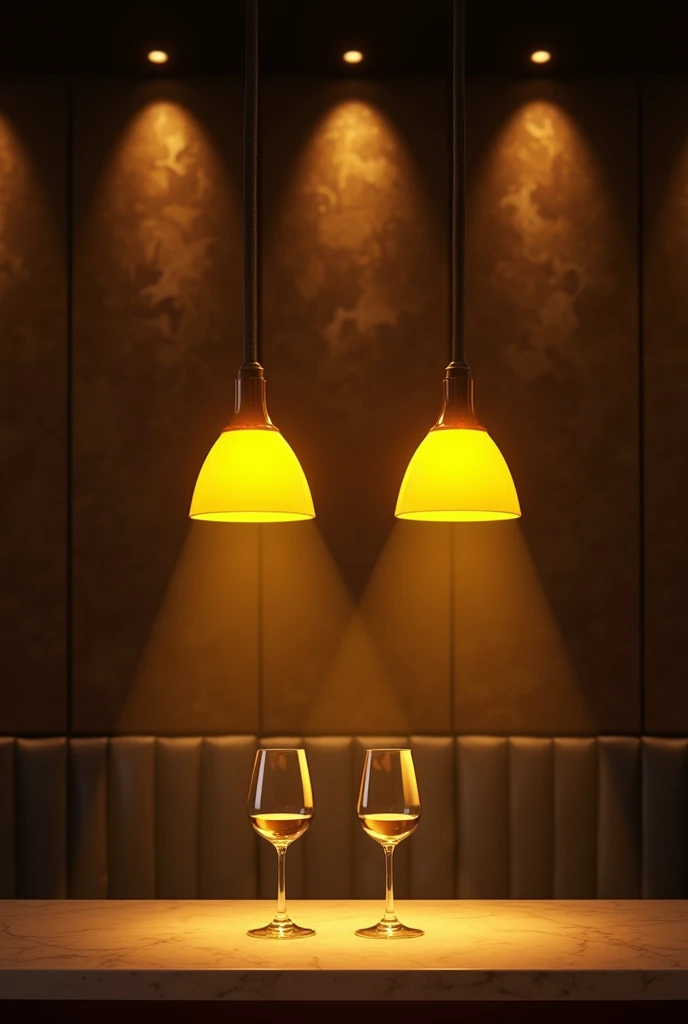 Elegant restaurant background with two hanging yellow spotlights in the front together and two wine glasses on the sides 