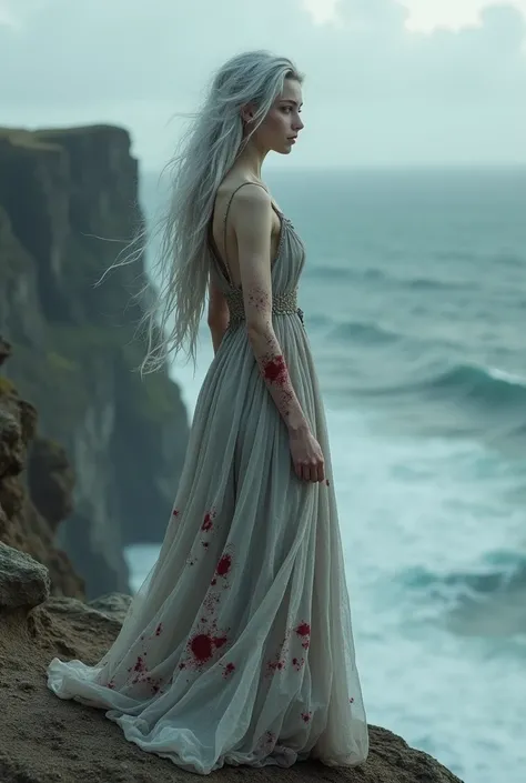 Beautiful girl with grey eyes and freckles, with long silver hair in a bloody grey dress on the edge of a cliff