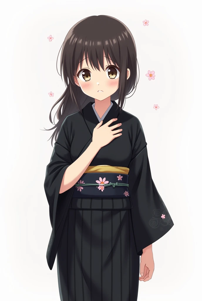 Anime girl with black yukata and with flowers worried and with a white background and full body from head to toe with a fist of her hand on her chest with an emotion of sadness and nervousness and concern 