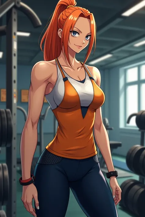 Heres a character prompt for Nami in a modern gym setting:

Athletic Nami in a sporty outfit - orange moisture-sexy tank top with navy blue accents layered over a white compression top, full-length black athletic leggings with mesh panels. Her orange hair ...