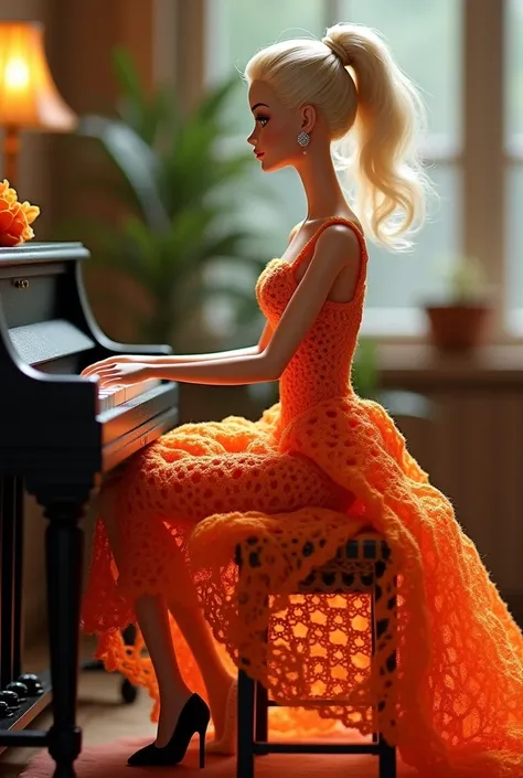  A beautiful Barbie wearing a cotton yarn crochet dress, orange, fluttering.,She wears black shoes 
She is seated  ,playing piano.  and looking to the side..