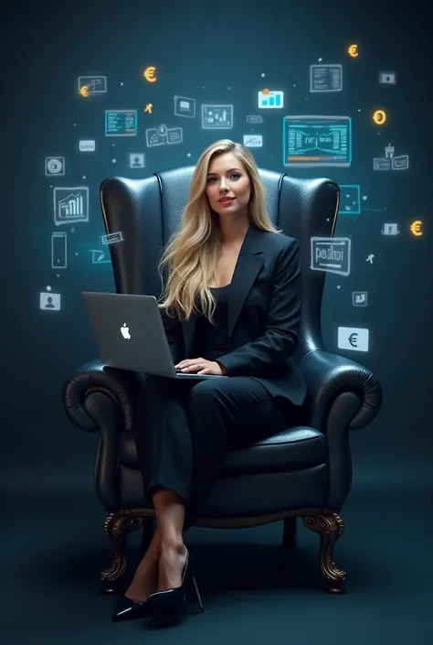 Realistic photo of a woman with long blond hair and some tattoos a black jacket suit sitting on a modern throne style chair with silver tones,  surrounded by digital marketing tools such as screen graphics, floating social media notifications , and euros s...