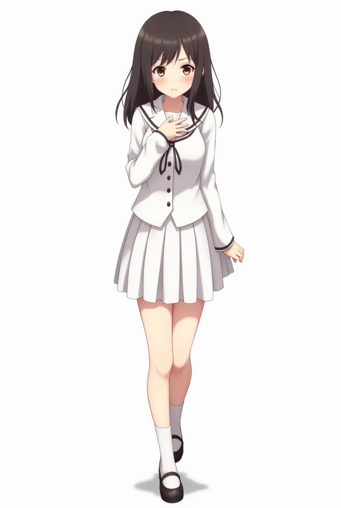 Anime girl in a worried high school uniform with a white background and full body from head to toe with her fist on her chest with an emotion of sadness and nervousness and concern 