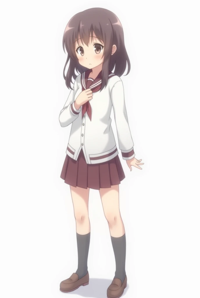 Anime girl in a worried high school uniform with a white background and full body from head to toe with her fist on her chest with an emotion of sadness and nervousness and concern 