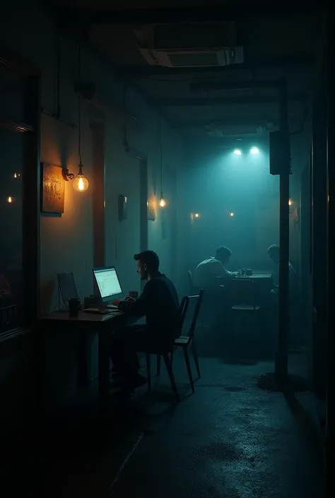 A man at a computer is sitting in a late night cafe and nobody is in here with him and it is creepy and it is dark and outside is dark and there are only a couple customers in here