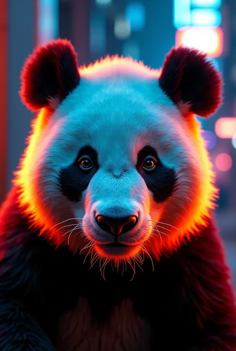 a close up of a panda bear with orange neon lights on his face, cyberpunk art style, synthwave art style, cyberpunk vibes, synthwave art, synthwave art style, hybrid mix style 