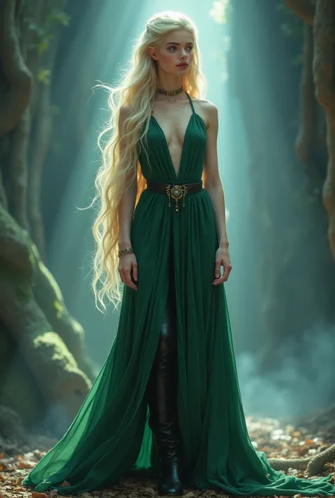 Legolas, a beautiful elf with golden hair, pale skin that shines like the moon with red lips, flushed cheeks, blue eyes, with the face of Orlando Bloom, with long and delicate hands, beautiful beyond the measure of men in a green dress with a belt and blac...