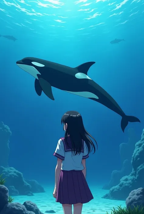 A pretty high school girl watching a killer whale, anime 