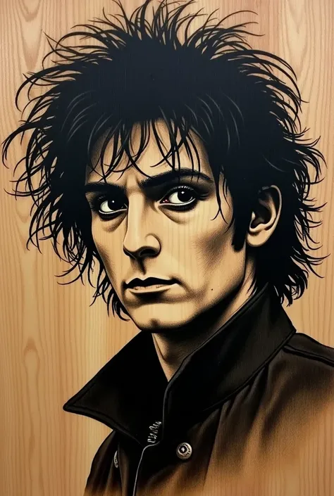 Robert Smith by The Cure in pyrography style on wood