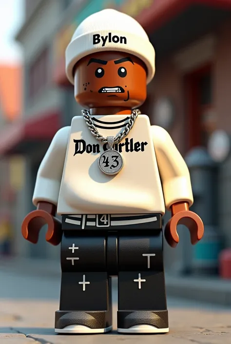 A 24 year old male african lego character named Bylon wearing  a white sweat shirt written DON CURTLER, wearing a white beanie written  43 , wearing a diamond chain with a pendant written "BYLON" and diamond grills on his teeth the character must be standi...