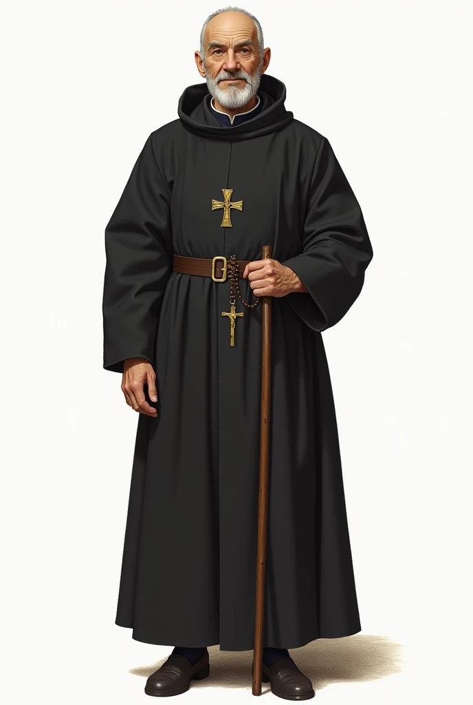 Full body image of Father José de Anchieta ,   a Jesuit priest from 16th century Brazilian history ,  use as a basis the historical engravings depicting him. no beard, At about 70 years of age , straight and short hair, image with white background