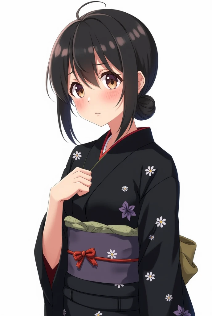 Anime woman wearing black yukata with flowers worried and with a white background and full body from head to toe with her fist on her chest with an emotion of sadness and nervousness and concern body from head to toe 