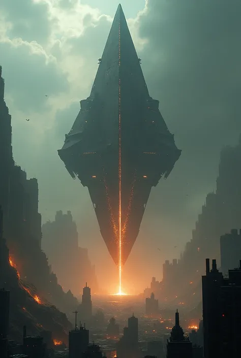 The Iron Colossus

A monolithic spaceship, shaped like a jagged blade, pierces Earth’s atmosphere with fiery trails. Its surface glows with molten cracks, and its arrival causes the ground to quake as massive shockwaves ripple outward. It hovers above majo...