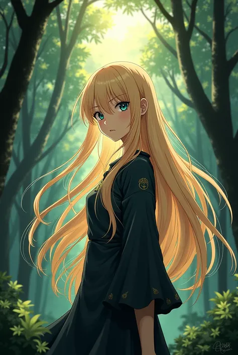 with long blonde hair in a forest, black and white colours, anime style