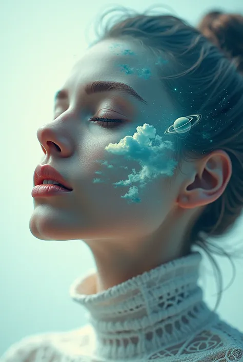 (photorealism:1.2), A photo of a perfect futuristic woman with her eyes closed, revealing a vibrant outterworld dreamscape. The double exposure effect brings a surreal world to life. The dream world is a painting with swirling clouds, planets and ethereal ...