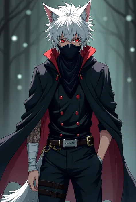 ((masterpiece, anime)) wolf boy, 24 years old, long wolf tail,Meninol ,  Short white hair with white tips , beautiful, thin,  dark priest with black and red cover , red eyes, Cultist, Alone, a character, long clothes.   Black bandana covering the mouth and...