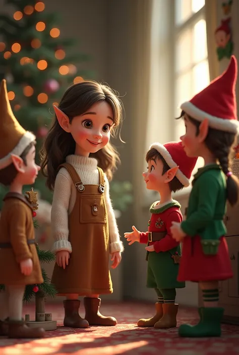 Des lutins de Noël parle avec une petite fille humaine de 5 ans plus grande que eux, dans sa maison. elle porte une salopette brune avec un chandail blanc et à de beau cheveux brun mi-long