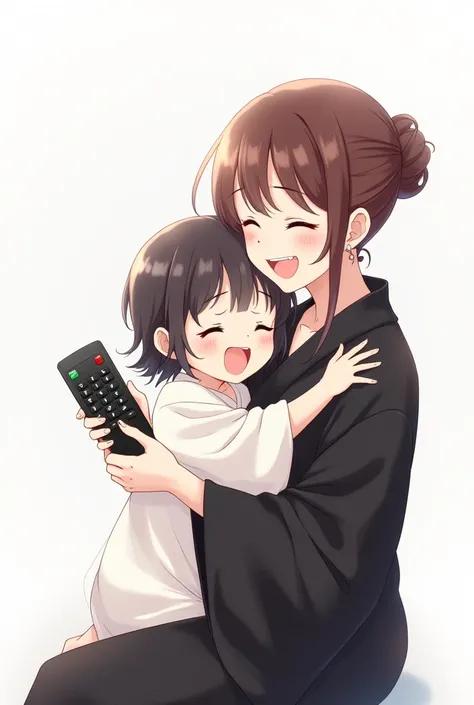 Mother with black yukata and flowers daughter anime high school image with a television remote control white background and full body with an emotion of joy and embracing the TV control 

And Presenting control with joy and nervousness on the cheek without...