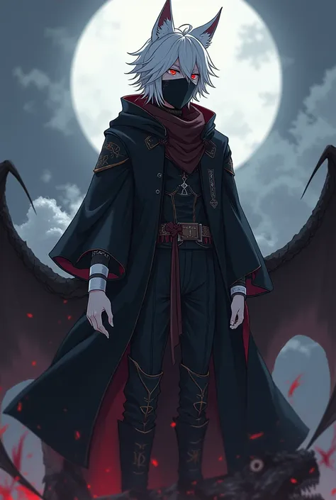 ((masterpiece, anime)) wolf boy, 24 years old, long wolf tail,Meninol ,  Short white hair with white tips , beautiful, thin,  dark priest with black and red cover , red eyes, Cultist, Alone, a character, long clothes.   Black bandana covering the mouth and...