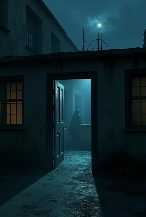 Close up of an open door to the roof of a dark hotel at night with scary shadows in the back, nightmare, highest definition, highest detail, highest quality, night time 