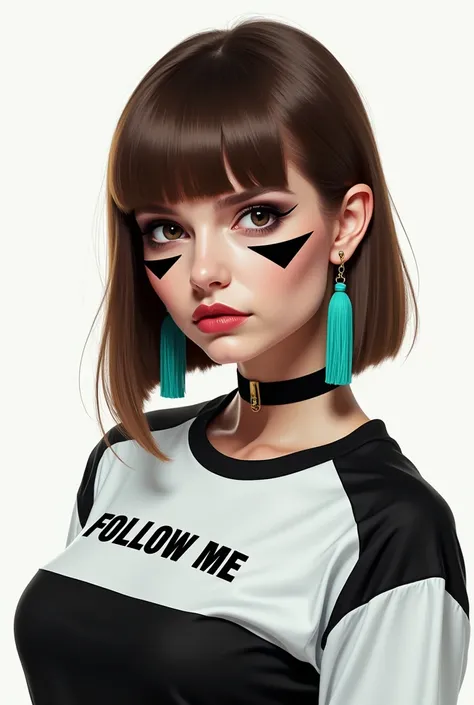 A semi-realistic portrayal of a Russian woman with sleek, straight brown hair cut into a bob, wearing a black and white shirt with a Follow Me logo. Black triangle marks adorn her cheeks under her intense eyes, adding a rebellious edge to her look. She acc...