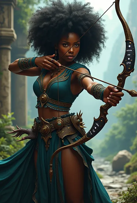  Make a black girl with afro hair, She wears a magic bow ,  and she has a good feminine physique , But with some muscles , And put on a medieval outfit