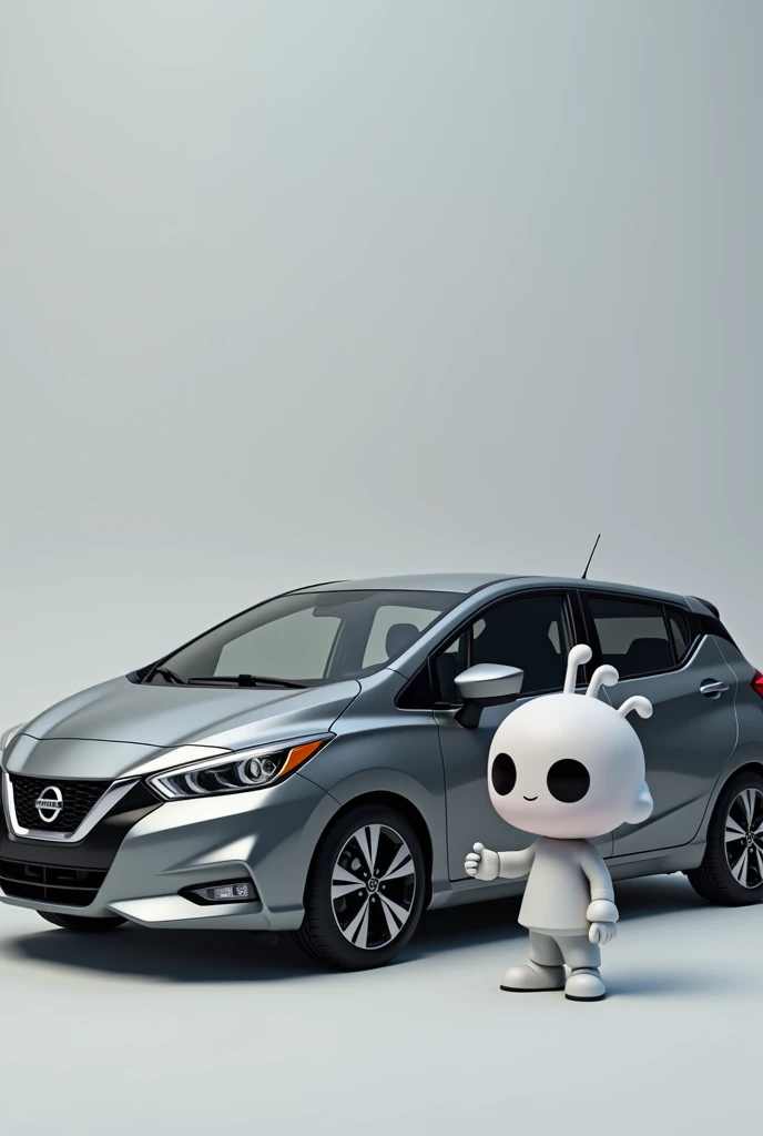 Auto 
Nissan versa 2024 moon gray
 with Funko man standing outside 
 