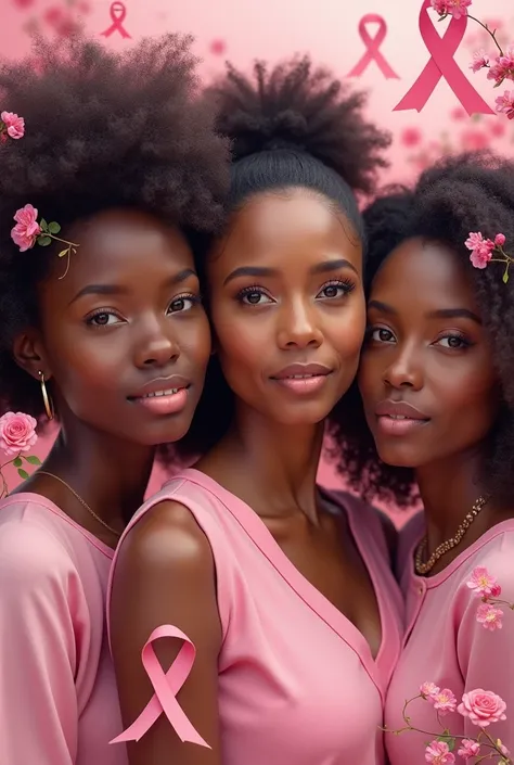 Poster about breast cancer awareness that include all different colored women with pink flowers and ribbin that represent breast cancer
